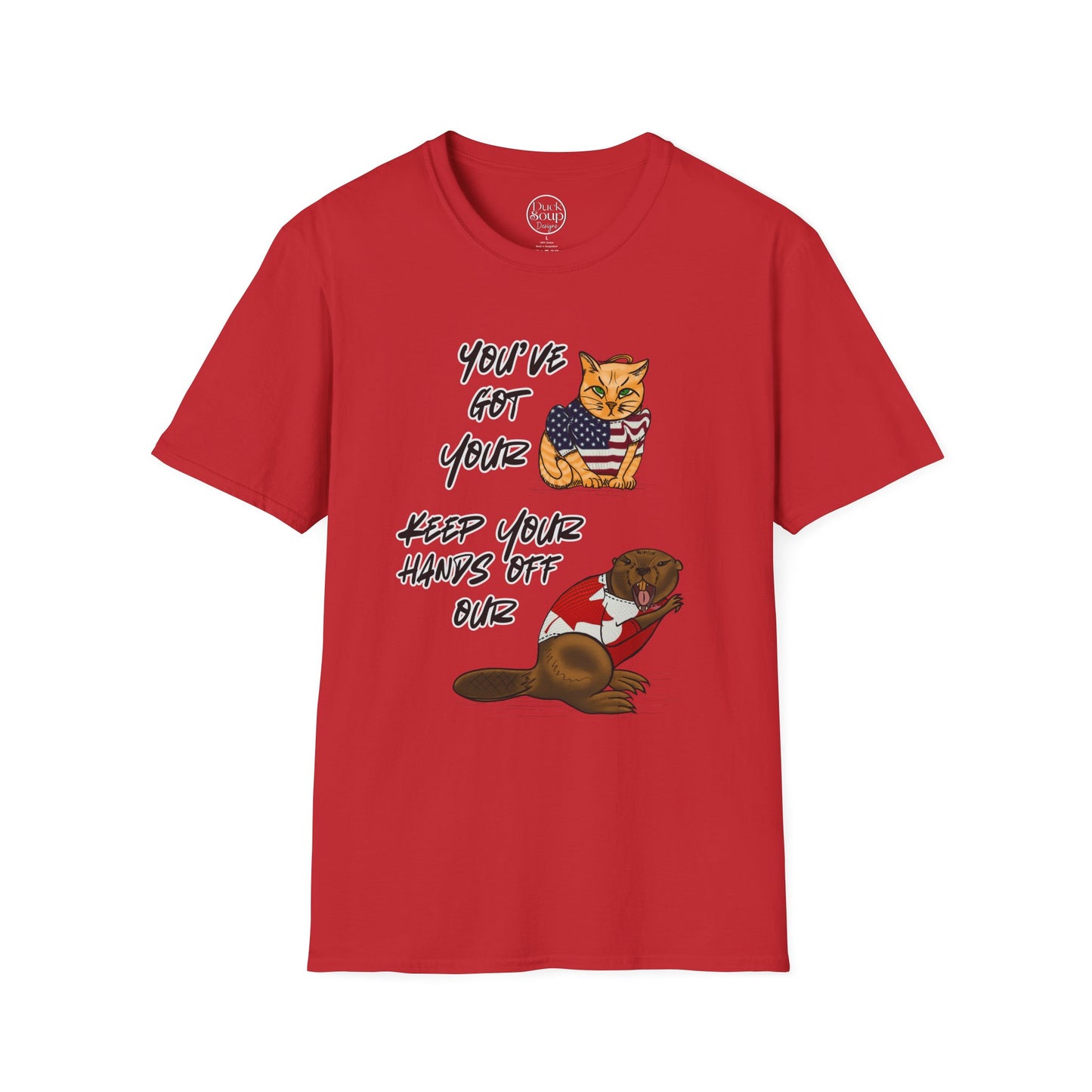 STRONG & FREE, Beaver & Pussy Cat Softstyle T-Shirt, Cheeky Animal Tee, Funny Graphic Tee, Gift for Proud Canadians, Casual Wear for Fun Occasions
