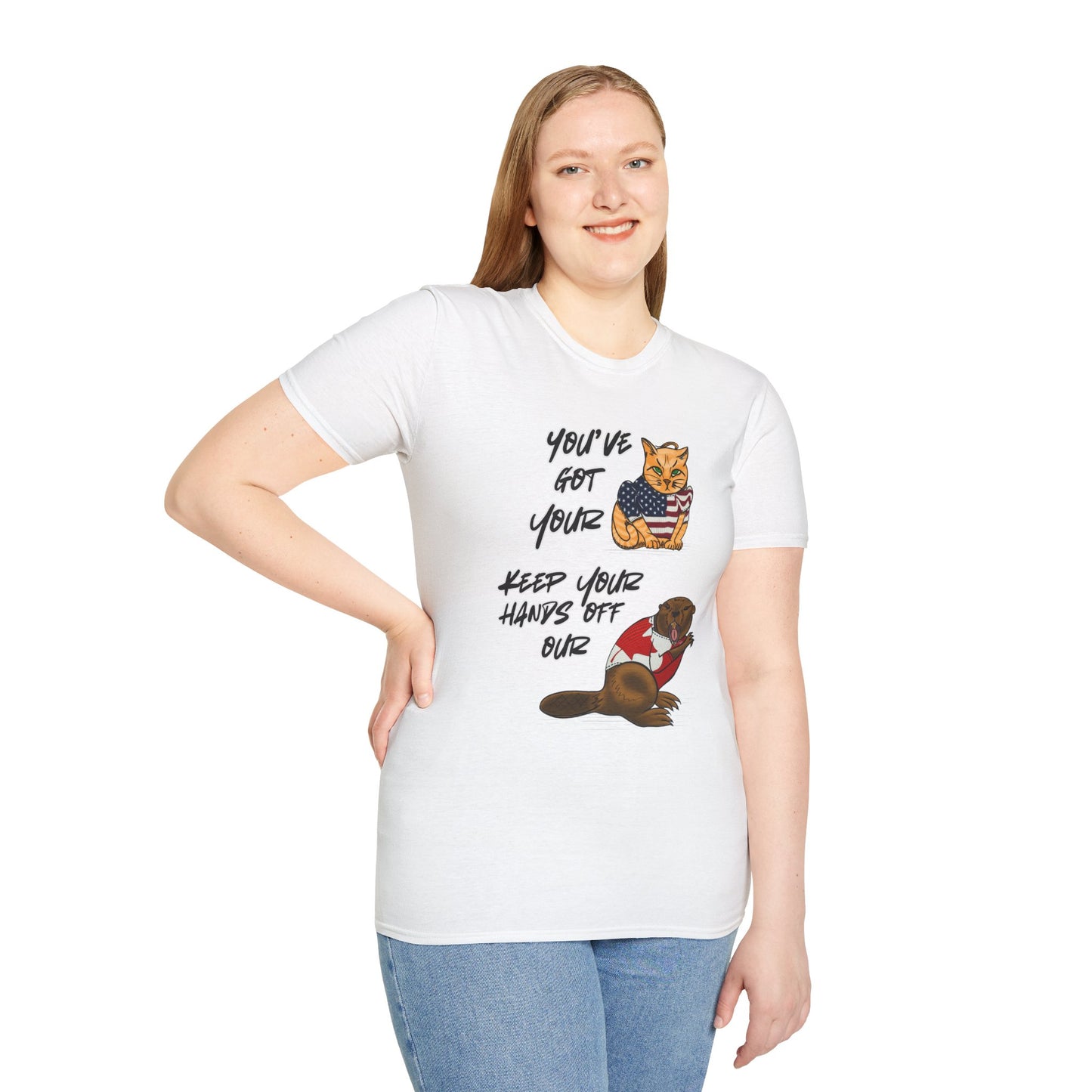 STRONG & FREE, Beaver & Pussy Cat Softstyle T-Shirt, Cheeky Animal Tee, Funny Graphic Tee, Gift for Proud Canadians, Casual Wear for Fun Occasions