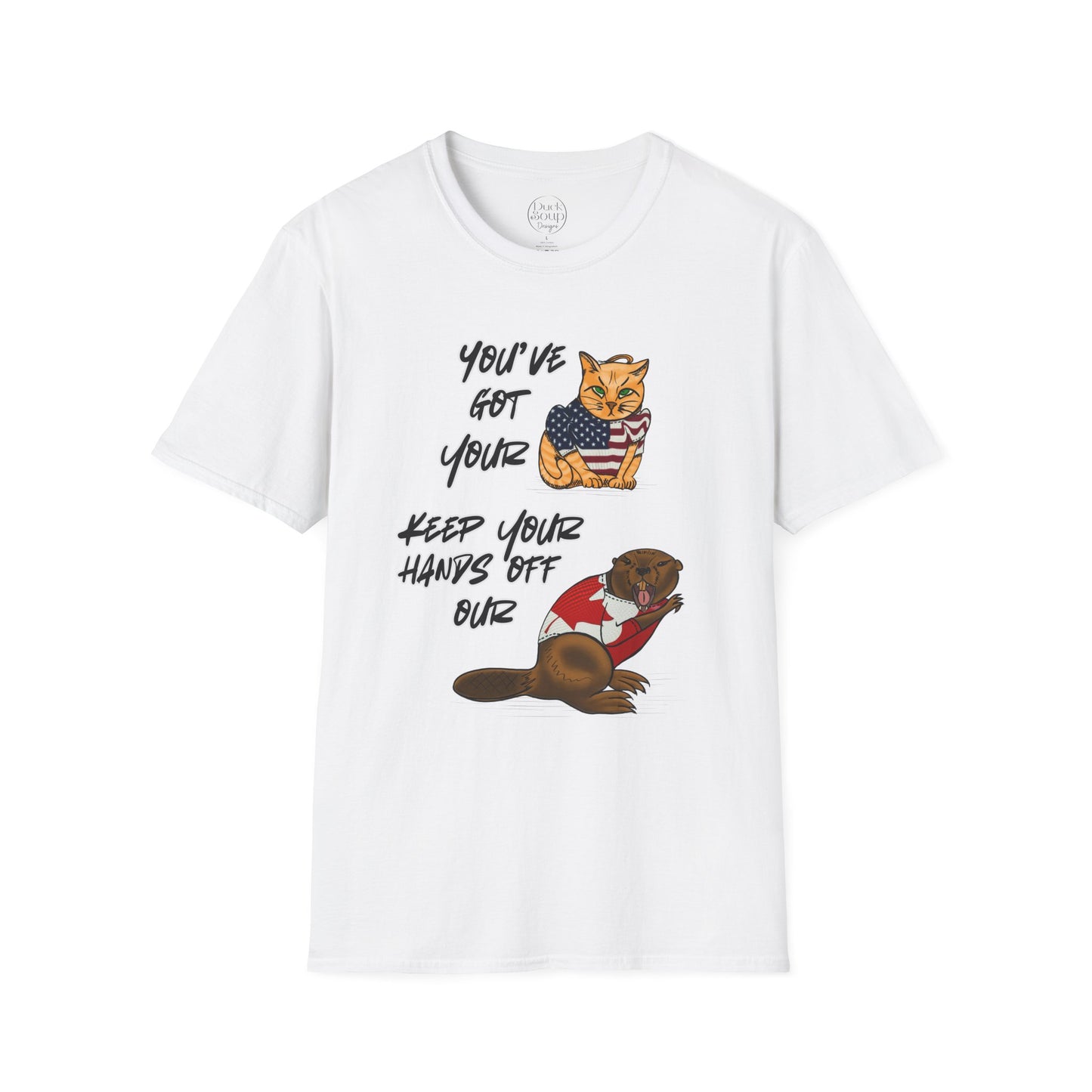 STRONG & FREE, Beaver & Pussy Cat Softstyle T-Shirt, Cheeky Animal Tee, Funny Graphic Tee, Gift for Proud Canadians, Casual Wear for Fun Occasions