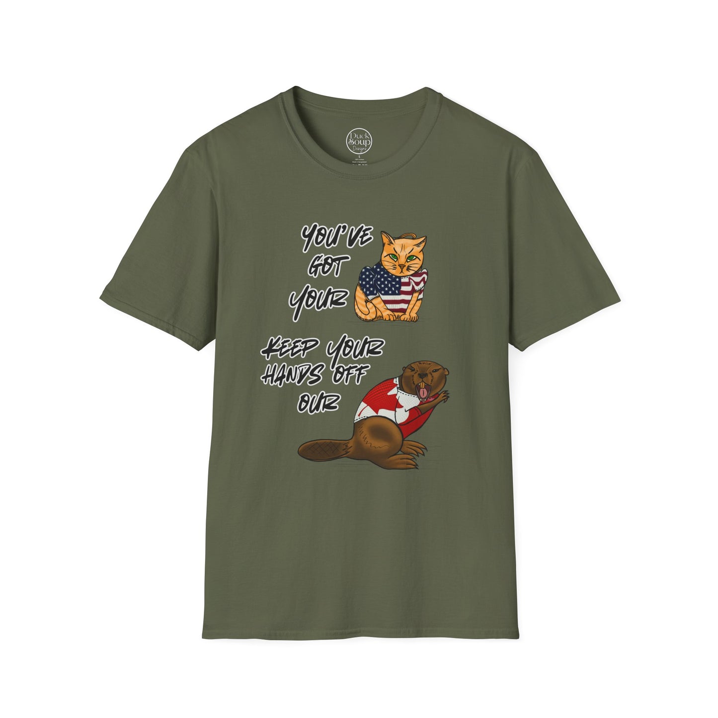 STRONG & FREE, Beaver & Pussy Cat Softstyle T-Shirt, Cheeky Animal Tee, Funny Graphic Tee, Gift for Proud Canadians, Casual Wear for Fun Occasions