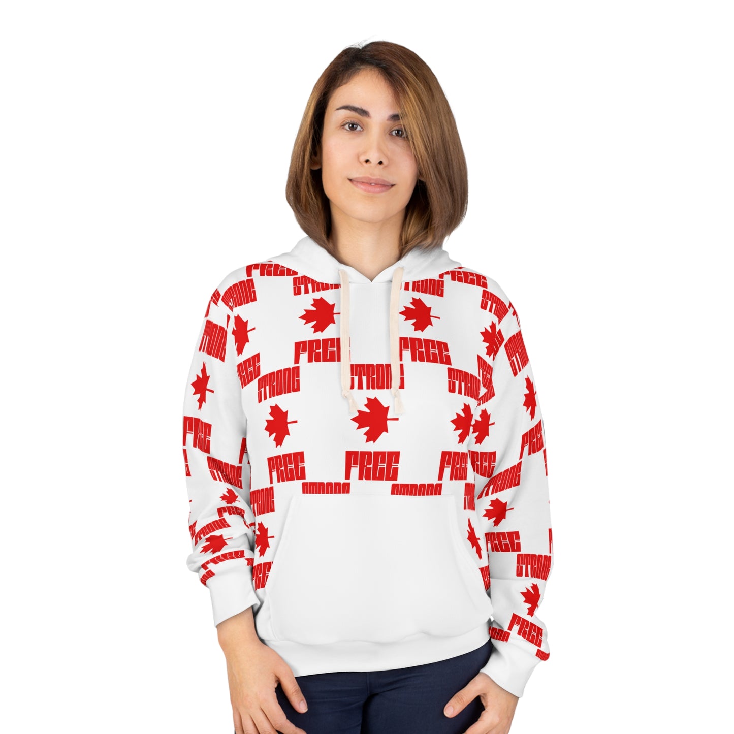 STRONG & FREE, Canada-Inspired Unisex Hoodie | Cozy AOP Sweatshirt for Every Day, Festival, Gifts, and Outdoor Adventures